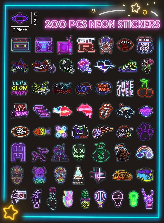 GAUENEEN 200Pcs Water Bottle Stickers Cool Neon Stickers, Waterproof Vinyl Sticker, Sticker Pack for Laptop Skateboard Journal Notesbook Computer Phone Cup Guitar Luggage etc - Image 3